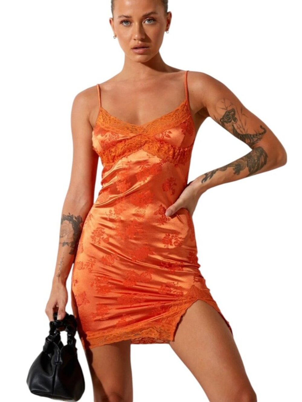 Motel Orange Satin Floral Lace Bodycon Mini Dress S